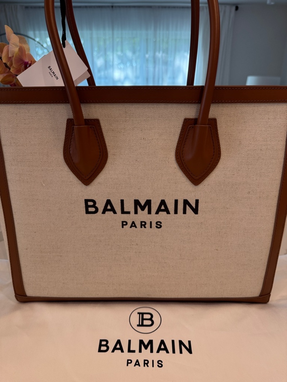 Balmain B Army Logo Beige Canvas Tote with Brown Leather Trim